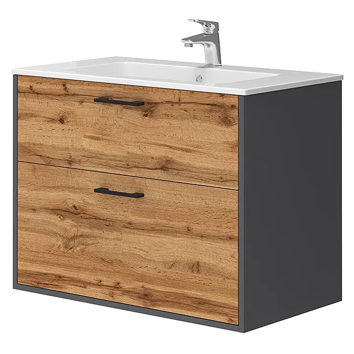 Vicco Badmöbel-Set Lanco Anthrazit/Goldkraft Eiche mit Waschbecken - Anthrazit, Matt - Dunkelgrauer Badunterschrank mit zwei rustikalen Holzoptik-Schubladen, weißem Keramikwaschbecken und Chromarmatur.