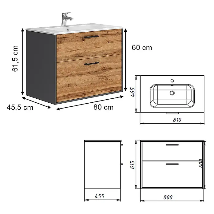 Vicco Badmöbel-Set Lanco Anthrazit/Goldkraft Eiche mit Waschbecken - Anthrazit, Matt - Wandhängender Badschrank mit weißem Waschbecken, Chromarmatur, dunkelgrauen Seiten und zwei Holzschubladen.