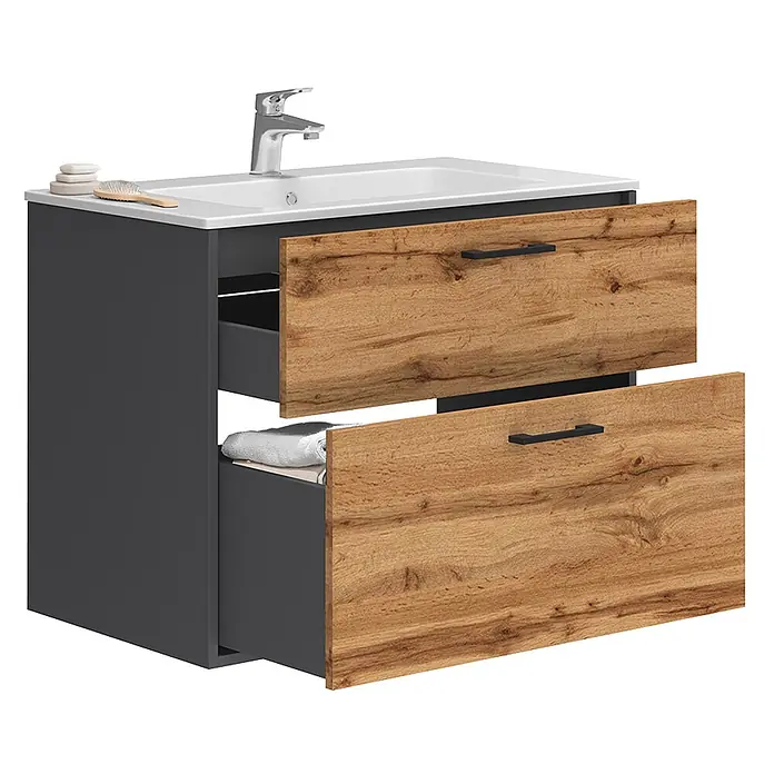 Vicco Badmöbel-Set Lanco Anthrazit/Goldkraft Eiche mit Waschbecken - Anthrazit, Matt - Dunkelgrauer Badunterschrank mit weißem Waschbecken, Chromarmatur und zwei Holzoptik-Schubladen, eine mit einem weißen Handtuch.
