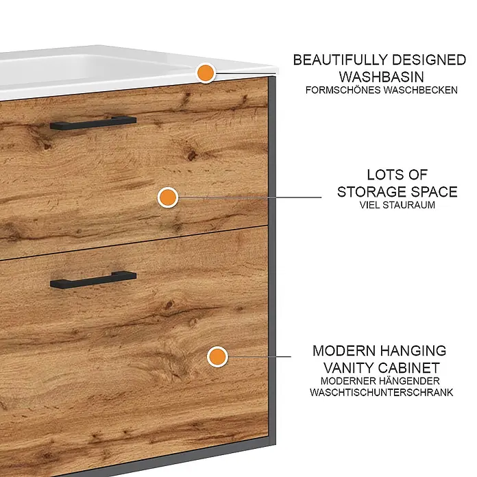 Vicco Badmöbel-Set Lanco Anthrazit/Goldkraft Eiche mit Waschbecken - Anthrazit, Matt - Moderner Hängewaschbeckenunterschrank in Holzoptik mit dunklen Griffen und weißem Waschbecken, bietet viel Stauraum.
