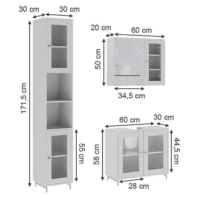 Vicco Badmöbel-Set Malte Weiß 3 Teile mit Hochschrank - Weiß, Matt - Set aus drei hellgrauen Badschränken: Hochschrank, Wandschrank und Waschbeckenunterschrank, alle mit geriffelten Glastüren.