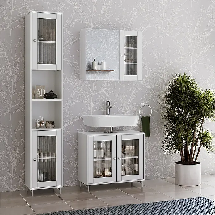 Vicco Badmöbel-Set Malte Weiß 3 Teile mit Hochschrank - Weiß, Matt - Weißes Badmöbelset: Hochschrank, Spiegelschrank & Waschtischunterschrank, alle mit geriffelten Glastüren.