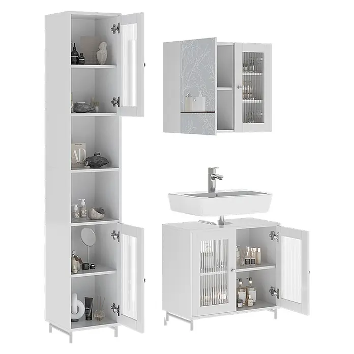 Vicco Badmöbel-Set Malte Weiß 3 Teile mit Hochschrank - Weiß, Matt - Weißes Badmöbelset: Hochschrank, Spiegelschrank und Waschbeckenunterschrank, alle mit geriffelten Glastüren.