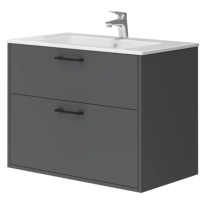 Vicco Badmöbel-Set Lanco Anthrazit mit Waschbecken - Anthrazit, Matt - Dunkelgrauer wandmontierter Badunterschrank mit zwei Schubladen, integriertem weißen Waschbecken und Chromarmatur.