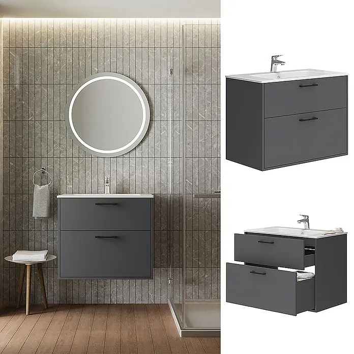 Vicco Badmöbel-Set Lanco Anthrazit mit Waschbecken - Anthrazit, Matt - Dunkelgrauer wandmontierter Badschrank mit zwei Schubladen und integriertem weißen Waschbecken.