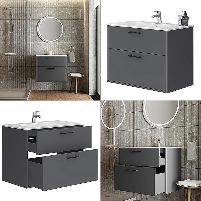Vicco Badmöbel-Set Lanco Anthrazit mit Waschbecken - Anthrazit, Matt - Dunkelgrauer wandhängender Badunterschrank mit weißem Waschbecken und zwei Schubladen, schwarzen Griffen.