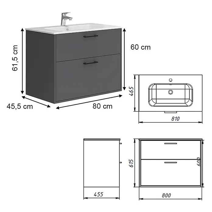 Vicco Badmöbel-Set Lanco Anthrazit mit Waschbecken - Anthrazit, Matt - Dunkelgrauer Badezimmerschrank mit zwei Schubladen und integriertem weißen Waschbecken mit Wasserhahn.