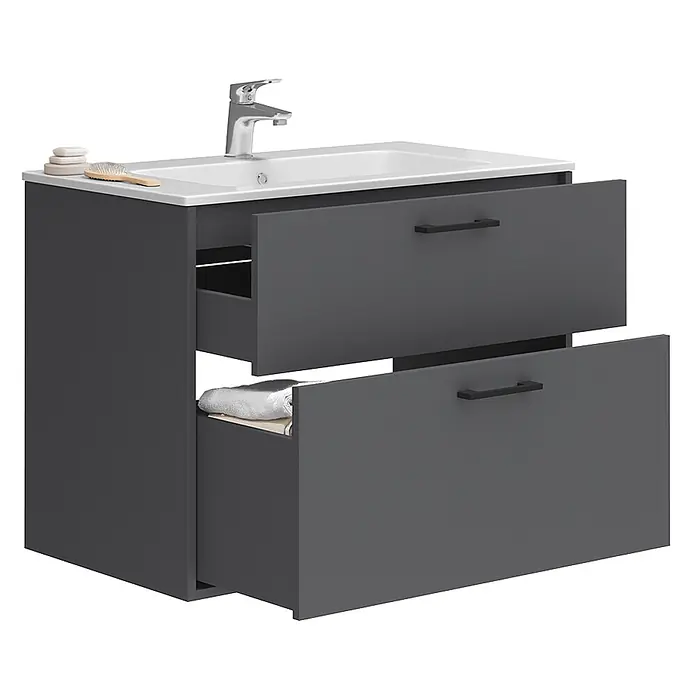 Vicco Badmöbel-Set Lanco Anthrazit mit Waschbecken - Anthrazit, Matt - Dunkelgrauer Badunterschrank mit weißem Keramikwaschbecken, Chromarmatur und schwarzen Griffen. Zwei Schubladen, eine mit Innenfach, sind teilweise geöffnet.