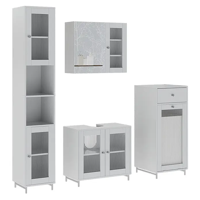 Vicco Badmöbel-Set Malte Weiß 4 Teile - Weiß, Matt - Hellgraues Badmöbel-Set mit geriffelten Glastüren, bestehend aus Wand-, Hochschrank, Waschtisch- und Wäscheschränken.