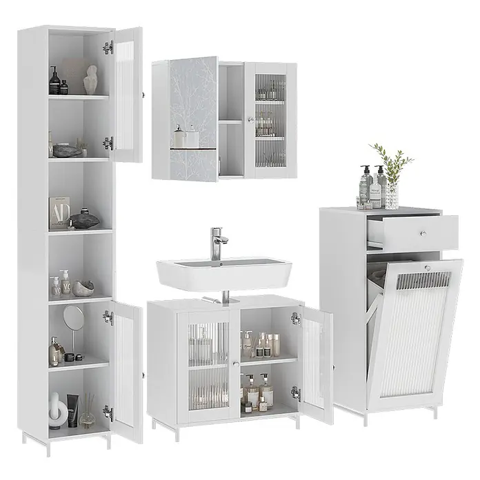 Vicco Badmöbel-Set Malte Weiß 4 Teile - Weiß, Matt - Weißes Badezimmermöbelset mit Hochschrank, Wandschrank, Waschbeckenunterschrank und Wäscheschrank, teilweise mit Rillenglastüren.