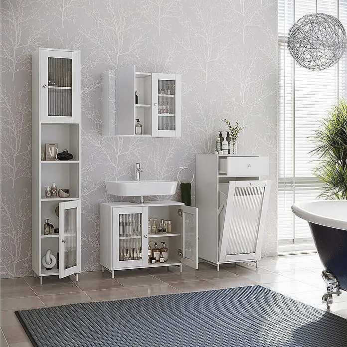 Vicco Badmöbel-Set Malte Weiß 4 Teile - Weiß, Matt - Weißes Badezimmer-Schrankset mit geriffelten Glastüren, für viel Stauraum.