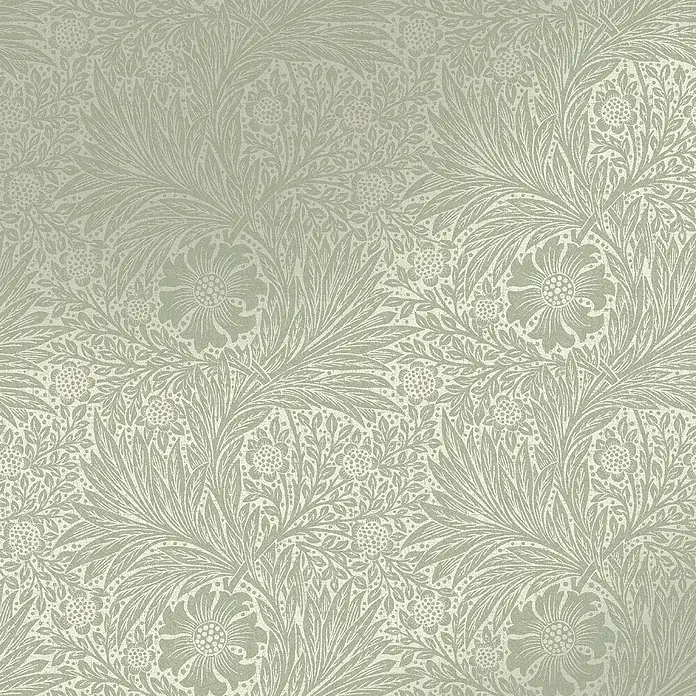 William Morris At Home Vliestapete Vliestapete Ringelblume, faserig - Salbeigrün, Floral, 10 x 0,52 m - Hellgrüne botanische Mustertapete mit filigranen Blättern und stilisierten Blüten.