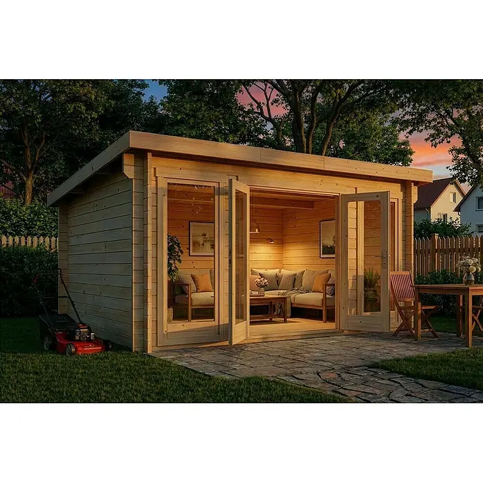 Alpholz Gartenhaus Atrium F - Außenmaß inkl. Dachüberstand (B x T): 440 x 340 cm, Holz, Naturbelassen - Holzhütte mit offenen Glastüren, die einen gemütlichen Innenraum zeigen, auf einer Terrasse im Garten bei Sonnenuntergang.