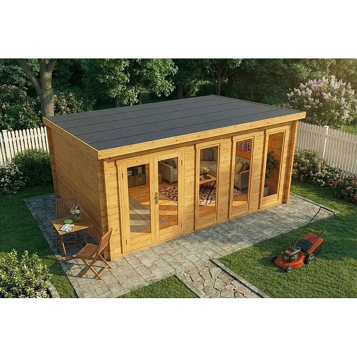 Alpholz Gartenhaus Atrium D - Außenmaß inkl. Dachüberstand (B x T): 598 x 618 cm, Holz, Pinie - Geräumiges Gartenhaus aus Holz mit schwarzem Flachdach und Glastüren auf einer Steinterrasse im Garten.