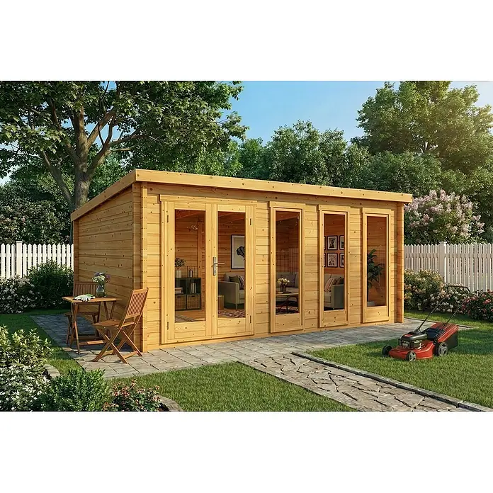 Alpholz Gartenhaus Atrium D - Außenmaß inkl. Dachüberstand (B x T): 598 x 618 cm, Holz, Pinie - Gartenhaus aus Naturholz mit Glastüren in einem sonnigen Garten.
