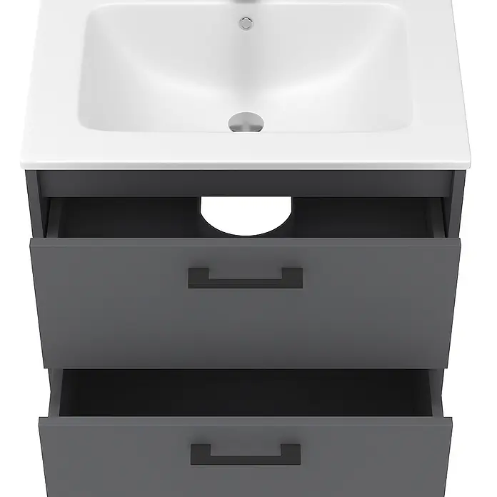 Vicco Badmöbel-Set Lanco Anthrazit mit Waschbecken - Anthrazit, Matt - Dunkelgrauer Badschrank mit weißem Keramikwaschbecken, zwei offenen Schubladen und schwarzen Griffen. Obere Schublade mit Rohrausschnitt.