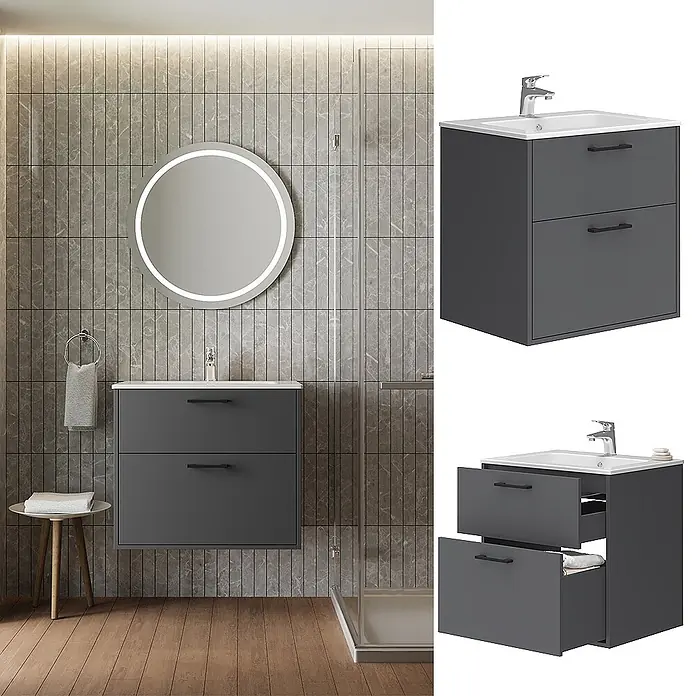 Vicco Badmöbel-Set Lanco Anthrazit mit Waschbecken - Anthrazit, Matt - Dunkelgrauer wandmontierter Badschrank mit integriertem weißen Waschbecken und zwei Schubladen.