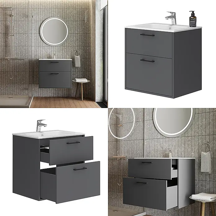 Vicco Badmöbel-Set Lanco Anthrazit mit Waschbecken - Anthrazit, Matt - Dunkelgrauer wandmontierter Badunterschrank mit integriertem weißen Waschbecken und zwei Schubladen.