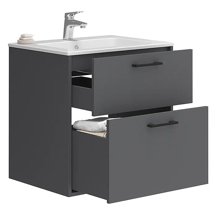 Vicco Badmöbel-Set Lanco Anthrazit mit Waschbecken - Anthrazit, Matt - Dunkelgrauer Badunterschrank mit weißem Waschbecken, Chromarmatur und zwei geöffneten Schubladen, eine mit Handtuch.