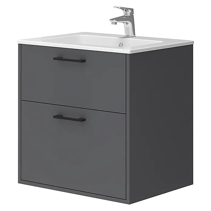 Vicco Badmöbel-Set Lanco Anthrazit mit Waschbecken - Anthrazit, Matt - Dunkelgrauer Badunterschrank mit weißem Waschbecken, Chromarmatur und zwei Schubladen mit schwarzen Griffen.