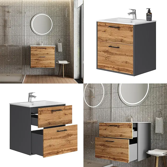 Vicco Badmöbel-Set Lanco Anthrazit/Goldkraft Eiche mit Waschbecken - Anthrazit, Matt - Wandmontierter Badunterschrank mit weißem Waschbecken, dunkelgrauem Korpus und zwei Schubladen in Holzoptik. Abgebildet in einem modernen gefliesten Badezimmer.
