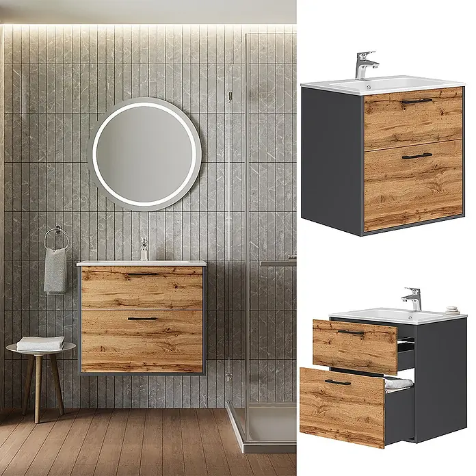 Vicco Badmöbel-Set Lanco Anthrazit/Goldkraft Eiche mit Waschbecken - Anthrazit, Matt - Moderner Badunterschrank mit weißem Waschbecken, dunkelgrauem Korpus und zwei Schubladen in Holzoptik.