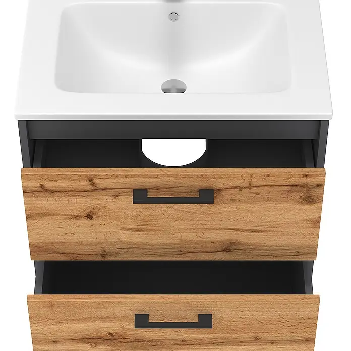 Vicco Badmöbel-Set Lanco Anthrazit/Goldkraft Eiche mit Waschbecken - Anthrazit, Matt - Badezimmerschrank mit weißem Waschbecken, dunkelgrauem Korpus und zwei offenen Schubladen in Holzoptik mit schwarzen Griffen.