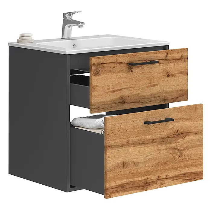 Vicco Badmöbel-Set Lanco Anthrazit/Goldkraft Eiche mit Waschbecken - Anthrazit, Matt - Dunkelgrauer Badunterschrank mit weißem Waschbecken und Chromarmatur. Zwei offene Schubladen in Holzoptik, Handtuch sichtbar.