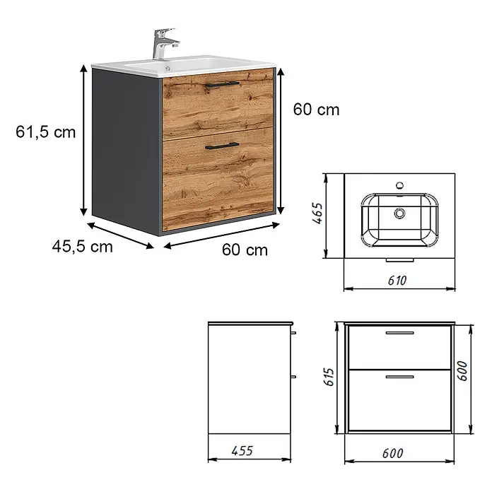 Vicco Badmöbel-Set Lanco Anthrazit/Goldkraft Eiche mit Waschbecken - Anthrazit, Matt - Moderne Badezimmermöbel mit zwei Holzoptik-Schubladen, dunkelgrauem Rahmen, weißem Waschbecken und Chromarmatur.