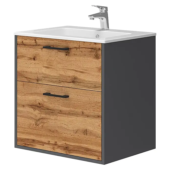 Vicco Badmöbel-Set Lanco Anthrazit/Goldkraft Eiche mit Waschbecken - Anthrazit, Matt - Badezimmerunterschrank mit weißem Keramikwaschbecken, Chromarmatur, dunkelgrauem Korpus und zwei hellbraunen Holzmaserschubladen mit schwarzen Griffen.