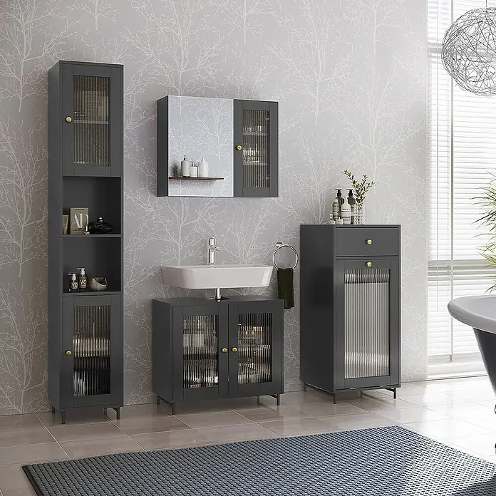 Vicco Badmöbel-Set Malte Grau 4 Teile - Grau, Matt - Dunkelgraue Badezimmermöbel mit geriffelten Glastüren und goldenen Knöpfen, inkl. Hochschrank, Waschtischunterschrank und Beistellschrank.