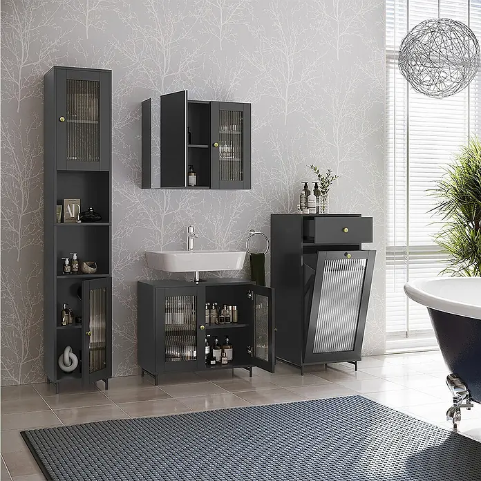 Vicco Badmöbel-Set Malte Grau 4 Teile - Grau, Matt - Dunkelgraues Badmöbel-Set mit geriffeltem Glas und goldfarbenen Akzenten, bietet vielseitige Aufbewahrungslösungen im modernen Badezimmer.