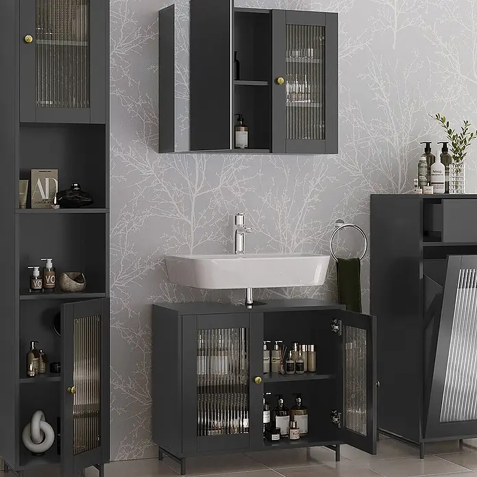 Vicco Badmöbel-Set Malte Grau 4 Teile - Grau, Matt - Dunkelgraue Badmöbel-Garnitur mit gerillten Glastüren, bestehend aus Hochschrank, Wandschrank und Waschtischunterschrank.