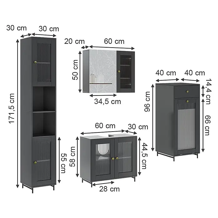 Vicco Badmöbel-Set Malte Grau 4 Teile - Grau, Matt - Set dunkelgrauer modularer Badschränke mit verschiedenen Abmessungen, mit gerippten Glastüren und einem Waschbeckenschrank.