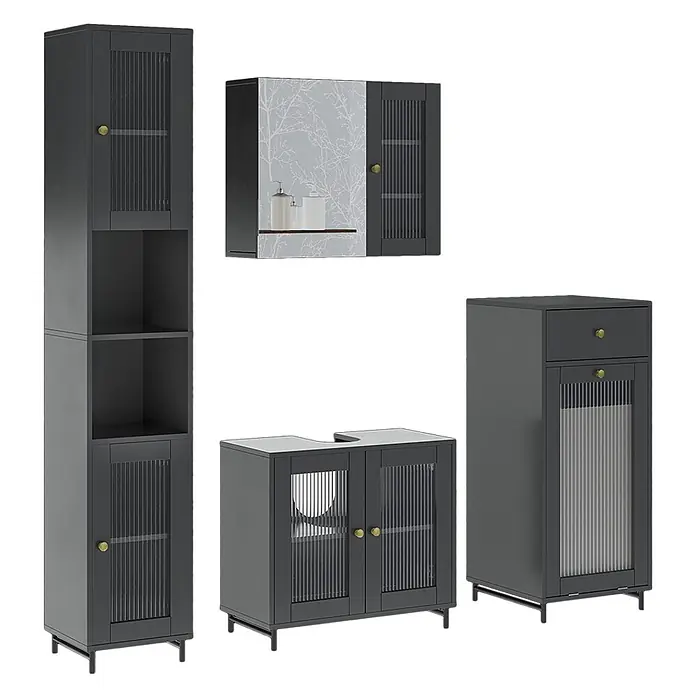 Vicco Badmöbel-Set Malte Grau 4 Teile - Grau, Matt - Dunkelgraues Badmöbel-Set mit geriffelten Glastüren und goldenen Griffen. Enthält Hoch-, Wand-, Waschbecken- und Bodenschränke.