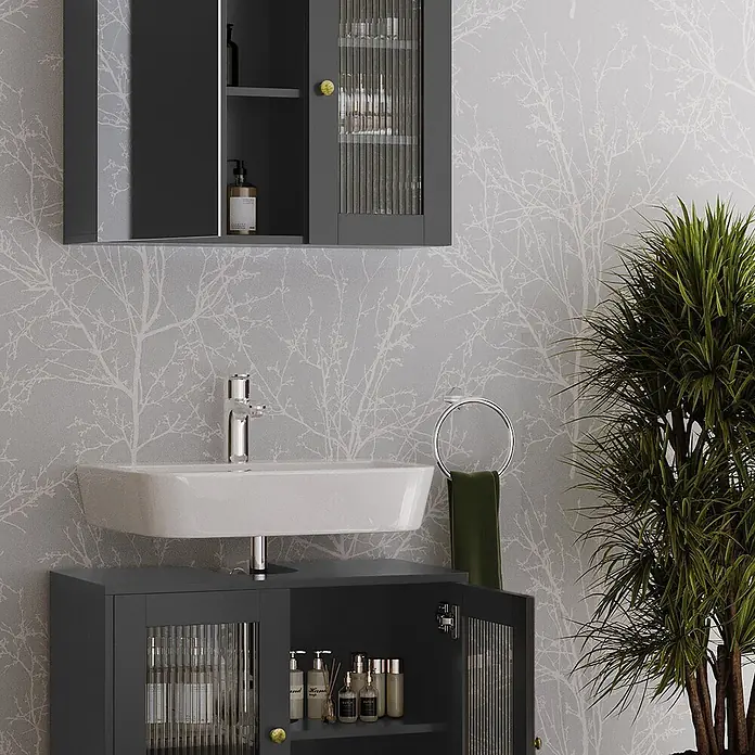 Vicco Badmöbel-Set Malte Grau 2 Teile - Grau, Matt - Dunkelgrauer Badunterschrank mit Waschbecken und passendem Spiegelschrank, beide mit geriffelten Glastüren, im modernen Badambiente.