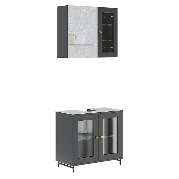 Vicco Badmöbel-Set Malte Grau 2 Teile - Grau, Matt - Dunkelgraues Badmöbel-Set: Oberschrank mit Baum-Musterglas, Unterschrank mit geriffelten Glastüren, goldene Griffe.