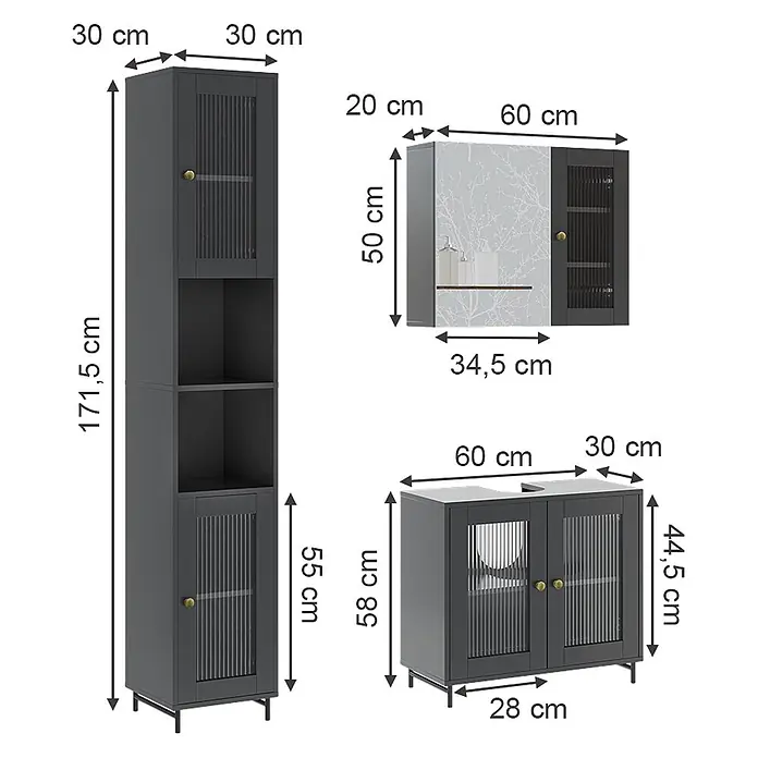Vicco Badmöbel-Set Malte Grau 3 Teile mit Hochschrank - Grau, Matt - Dunkelgraues Badmöbel-Set: hoher, Wand- und Waschtischschrank mit Riffelglastüren und Goldgriffen.