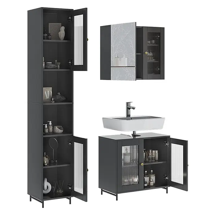 Vicco Badmöbel-Set Malte Grau 3 Teile mit Hochschrank - Grau, Matt - Dunkelgraues Badmöbel-Set mit Rillenglastüren, goldfarbenen Griffen und weißem Waschbecken mit schwarzer Armatur.