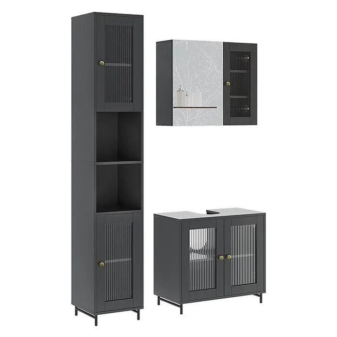 Vicco Badmöbel-Set Malte Grau 3 Teile mit Hochschrank - Grau, Matt - Dunkelgraues Badmöbel-Set mit geriffelten Glastüren und goldenen Griffen. Beinhaltet einen Hochschrank, Wandschrank und einen Waschtischunterschrank.