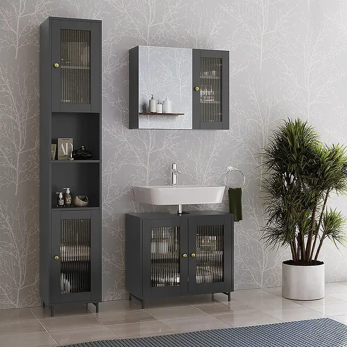 Vicco Badmöbel-Set Malte Grau 3 Teile mit Hochschrank - Grau, Matt - Dunkelgraues Badmöbel-Set mit geriffelten Glastüren, bestehend aus Hochschrank, Spiegelschrank und Waschtischunterschrank.