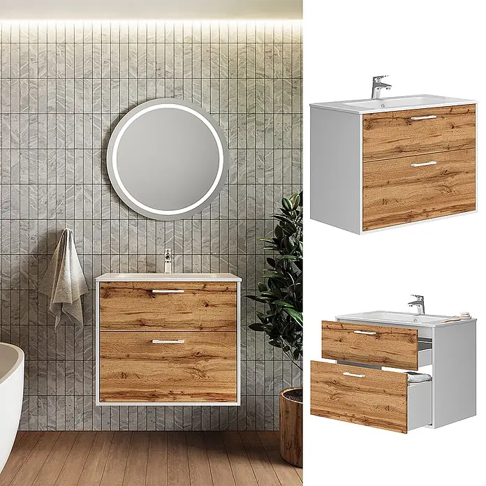 Vicco Badmöbel-Set Lanco Weiß/Goldkraft Eiche mit Waschbecken - Weiß, Matt - Schwebender Badezimmerschrank mit weißem Waschbecken und zwei Schubladen in Eichenoptik.