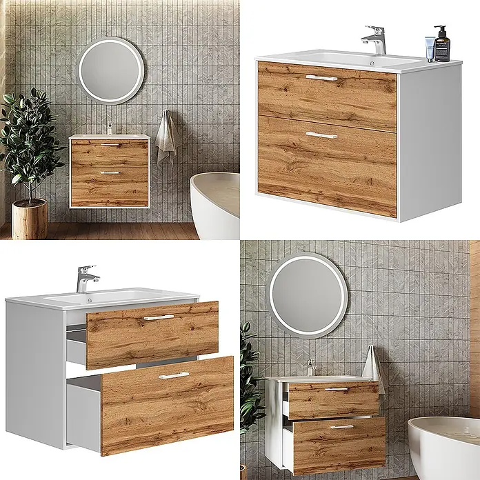 Vicco Badmöbel-Set Lanco Weiß/Goldkraft Eiche mit Waschbecken - Weiß, Matt - Wandhängender Waschtischunterschrank mit weißem Waschbecken, zwei Holz-Effekt-Schubladen und weißem Korpus.