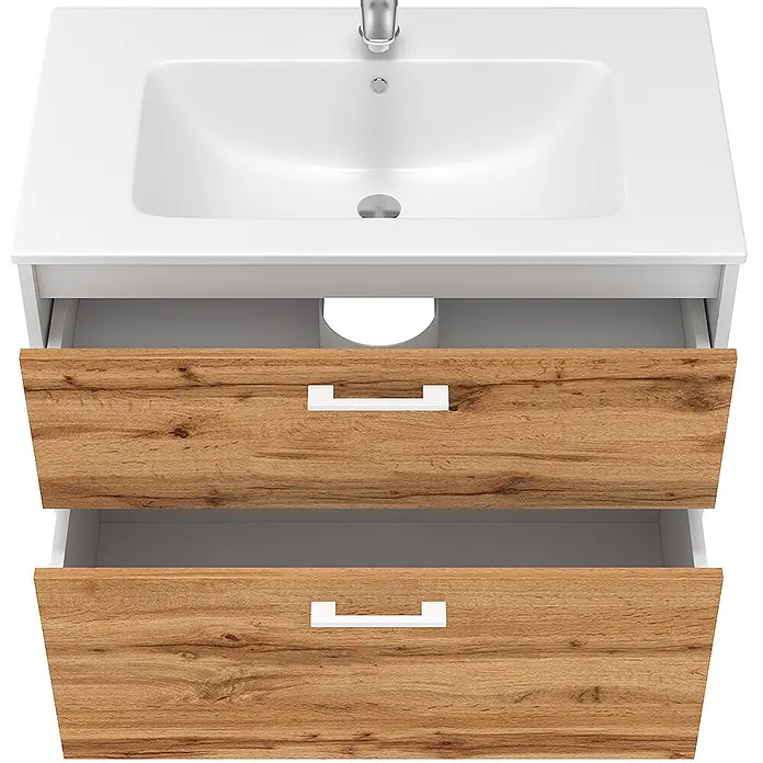 Vicco Badmöbel-Set Lanco Weiß/Goldkraft Eiche mit Waschbecken - Weiß, Matt - Weißer Badunterschrank mit Keramikwaschbecken und zwei geöffneten, holzfarbenen Schubladen mit weißen Griffen.