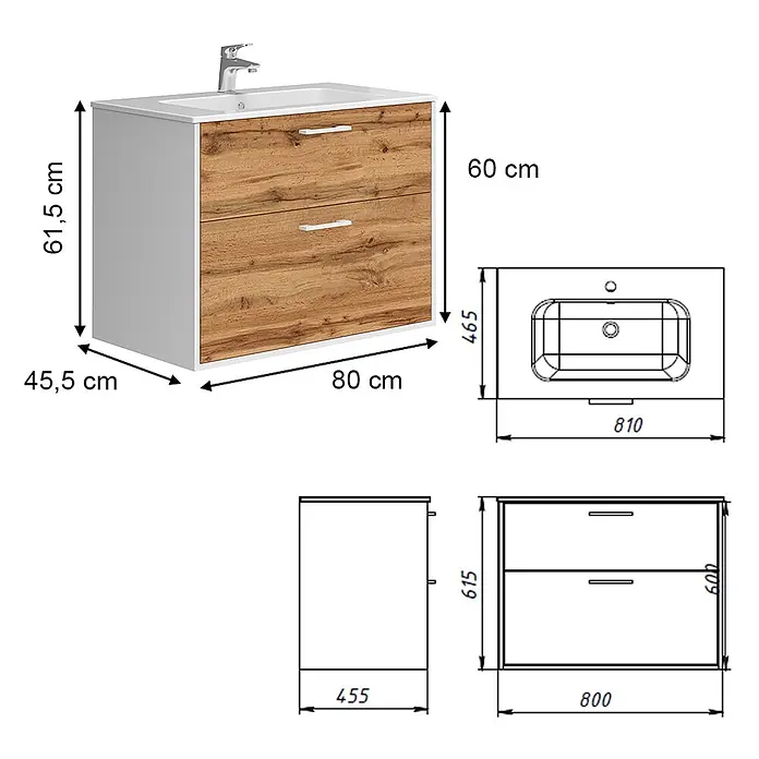 Vicco Badmöbel-Set Lanco Weiß/Goldkraft Eiche mit Waschbecken - Weiß, Matt - Weißer Badschrank mit zwei Holzschubladen, integriertem Waschbecken und Wasserhahn.