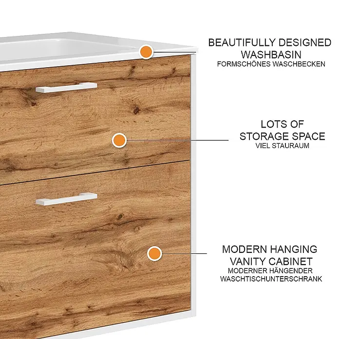 Vicco Badmöbel-Set Lanco Weiß/Goldkraft Eiche mit Waschbecken - Weiß, Matt - Moderner Hängewaschbeckenunterschrank in Holzoptik mit weißem Waschbecken und Griffen, bietet praktischen Stauraum.