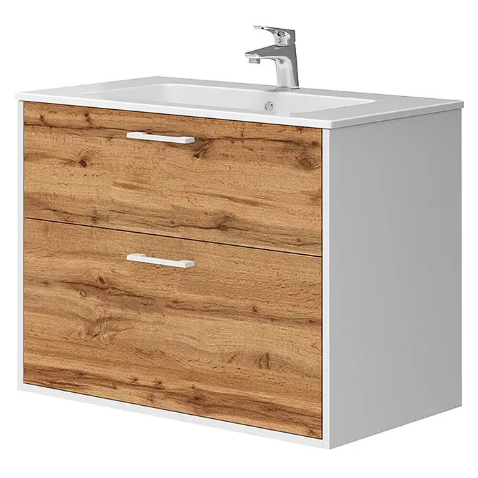 Vicco Badmöbel-Set Lanco Weiß/Goldkraft Eiche mit Waschbecken - Weiß, Matt - Weißer Badunterschrank mit zwei Holzoptik-Schubladen, weißem Waschbecken und Chrom-Wasserhahn.