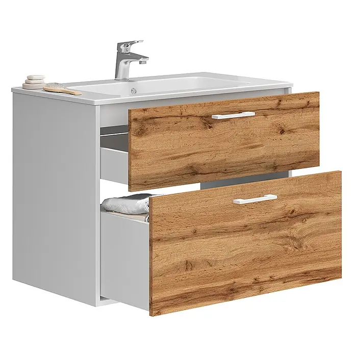Vicco Badmöbel-Set Lanco Weiß/Goldkraft Eiche mit Waschbecken - Weiß, Matt - Heller grauer Badunterschrank mit weißem Waschbecken und Chromarmatur, zwei teilweise geöffneten Schubladen mit Holzmaserung und weißen Griffen.