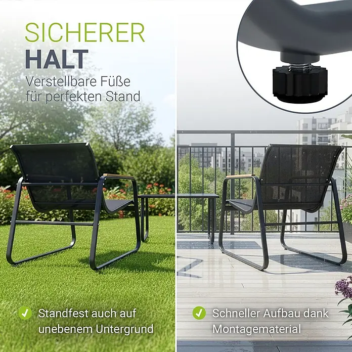 Juskys Loungemöbel-Set Genua - 4 -tlg., Gestell: Stahl (pulverbeschichtet); Tischplatte: 5 mm ESG-Glas; Sitzfläche: Polyester (PVC-beschichtet), Anthrazit - Zwei schwarze Gartenstühle mit Holzarmlehnen und Tisch, gezeigt im Garten und auf Balkon, mit verstellbaren Füßen für Stabilität.