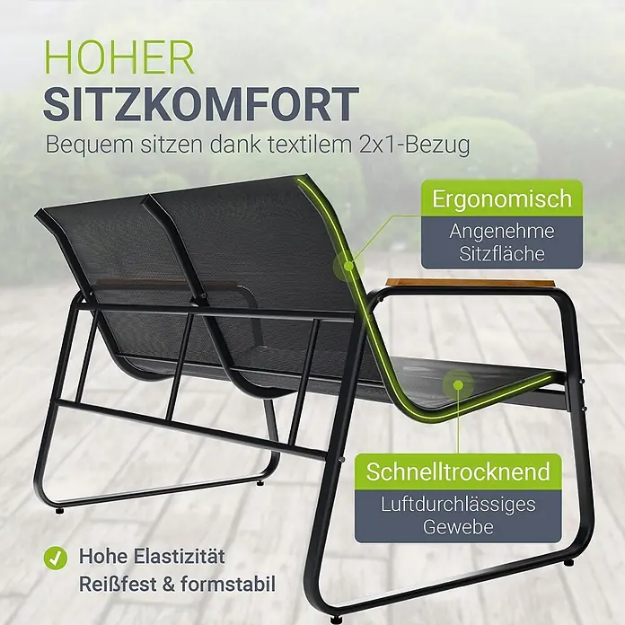 Juskys Loungemöbel-Set Genua - 4 -tlg., Gestell: Stahl (pulverbeschichtet); Tischplatte: 5 mm ESG-Glas; Sitzfläche: Polyester (PVC-beschichtet), Anthrazit - Dunkle Metall-Gartenbank mit ergonomischem, schnelltrocknendem 2x1-Textilbezug für hohen Sitzkomfort.